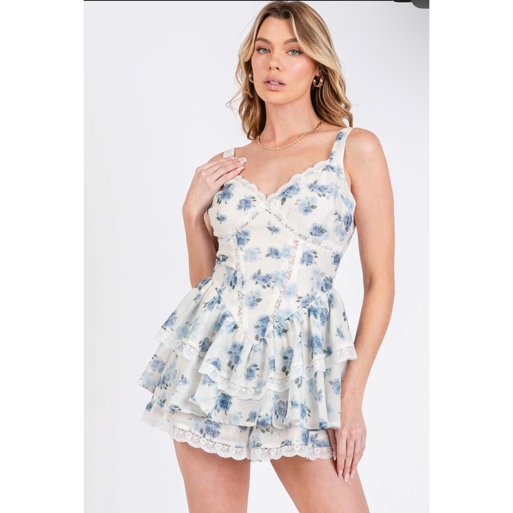 Vintage Shop Blue Floral Lace Tiered Ruffle Romper Womens Small Cream Rose